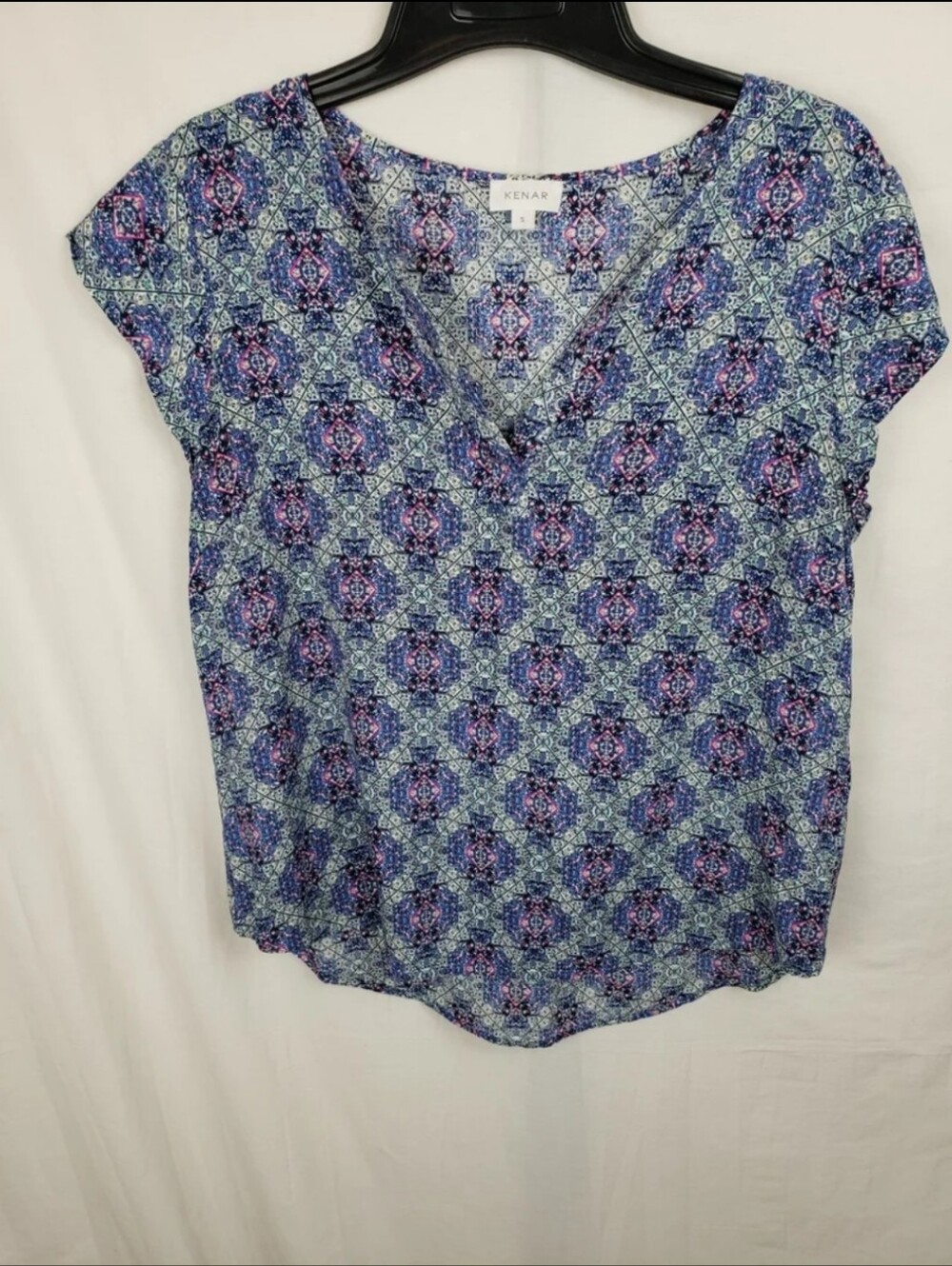 Kenar Blue Multicolored Geometric Print Short Sleeve Shirt Sz S